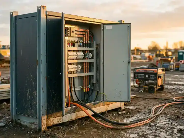 Open elektrische verdeelkast met stroomonderbrekers en koperen bedrading op een modderige bouwplaats, generator zichtbaar op achtergrond.