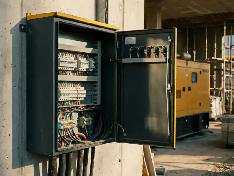 Industrieel verdeelkast met open metalen deur op bouwplaats, zekeringen en bedrading zichtbaar, stroomgenerator op achtergrond.