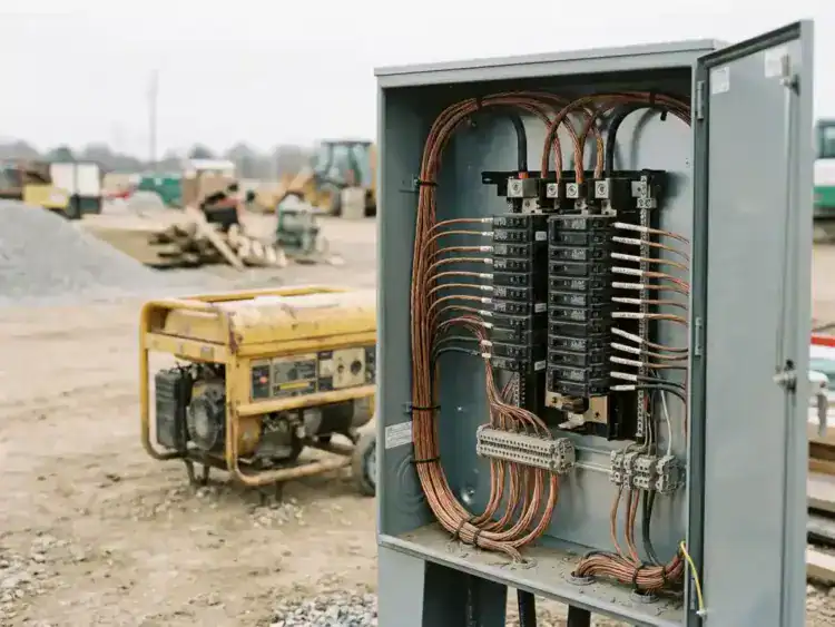 Open elektrische verdeelkast op bouwplaats met georganiseerde zekeringen en koperen bedrading, gele generator op achtergrond.