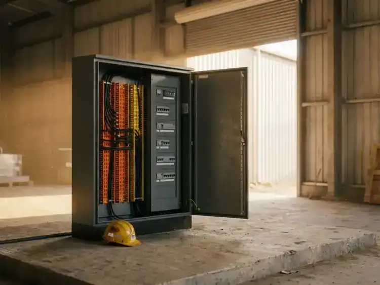 Elektrische verdeelkast op bouwplaats met open deur, zichtbare zekeringen en kabelgoten, gele bouwhelm aan de voet.