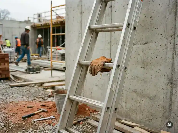 Aluminium huurladder tegen betonnen muur op bouwplaats, met versleten leren werkhandschoen op een sport.