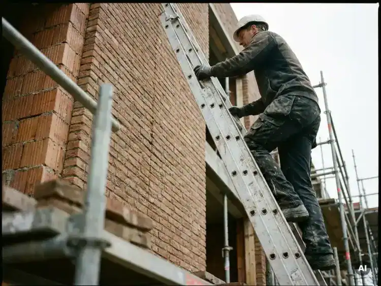 Vakman klimt op aluminium uitschuifladder van 6 meter tegen bakstenen gevel van Nederlandse woning.