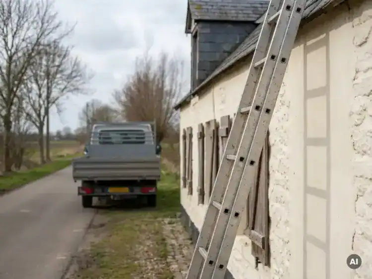 Aluminium ladder tegen de witgekalkte gevel van een Zeeuws boerderij, met een vrachtwagen op de achtergrond in zacht noordelijk licht.