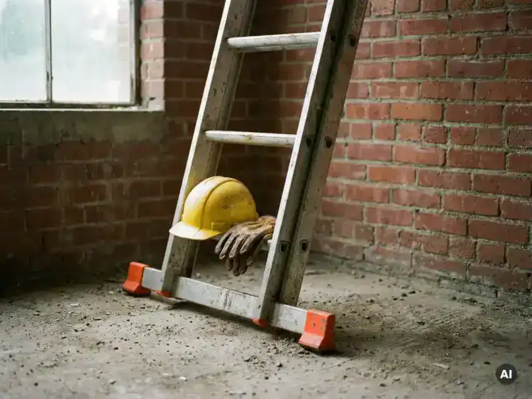 Verweerde aluminium ladder tegen bakstenen muur met oranje veiligheidsvoeten, gele helm en leren werkhandschoenen op een trede.