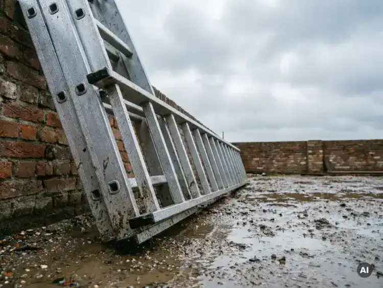 Aluminium ladder tegen verweerde bakstenen bouwmuur, regendruppels op metalen sporten, modderige ondergrond met grind.