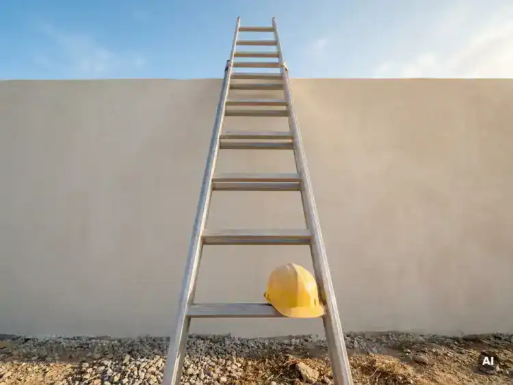 Aluminium ladder tegen gepleisterde buitenmuur met gele bouwhelm op een sport, blauwe lucht op de achtergrond.