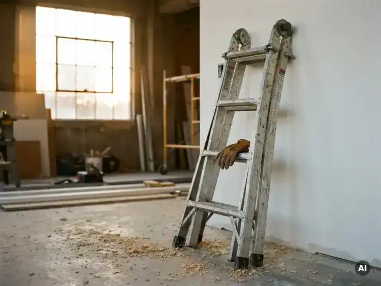 Aluminium multifunctionele ladder tegen witte muur op bouwplaats, met leren werkhandschoen op sport en houtkrullen op betonvloer.