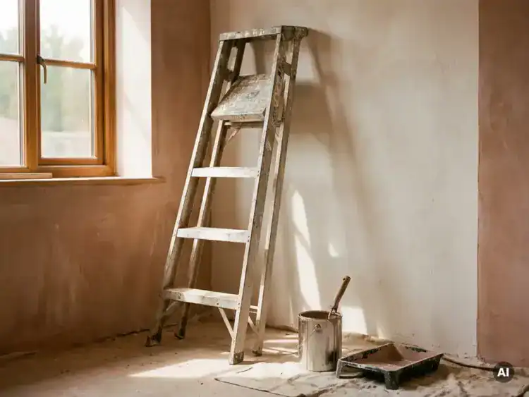 Aluminium ladder tegen gepleisterde muur naast verfemmer en roller, warm middaglicht met zachte schaduwen.