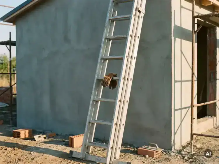 Aluminium ladder tegen gepleisterde buitenmuur, versleten werkhandschoen op sport, bakstenen en troffel op de grond, warm middagzonlicht.