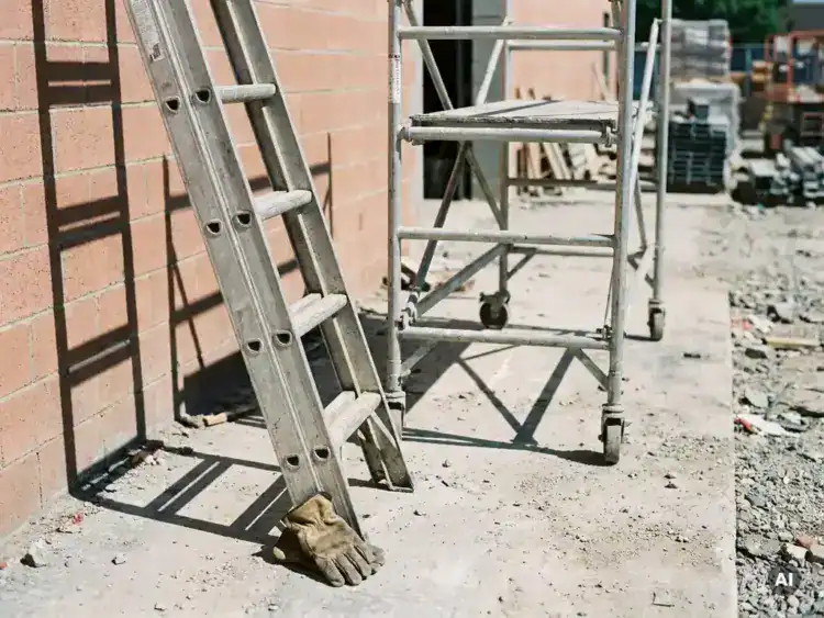 Aluminium ladder en mobiele steigerbok tegen bakstenen muur op bouwplaats, met versleten leren werkhandschoen op betonnen vloer.
