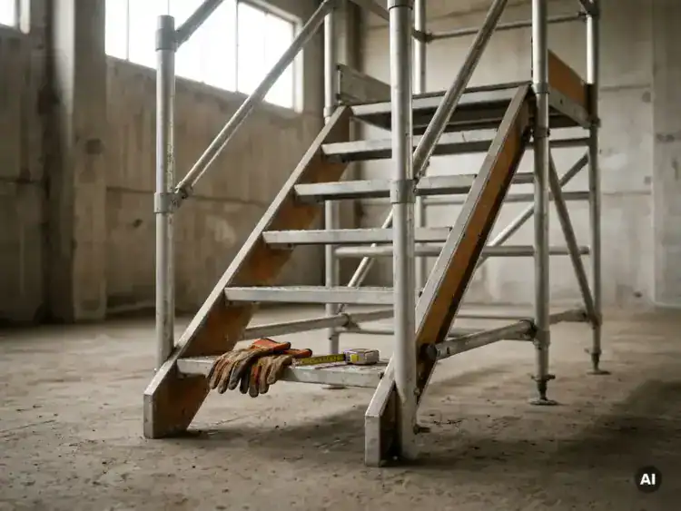 Aluminium steigertraptoren op betonvloer met versleten werkhandschoenen en meetlint op de onderste trede.