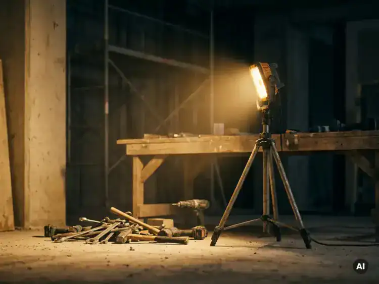 Bouwlamp op statief verlicht betonnen werkvloer met gereedschap en houten werkbank, stofdeeltjes zichtbaar in warm amberkleurig licht.