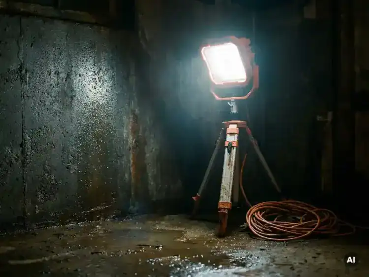 Bouwlamp op statief verlicht vochtige betonnen kelder, waterdruppels op grijze muren en plassen op de natte vloer, oranje verlengsnoer ernaast.
