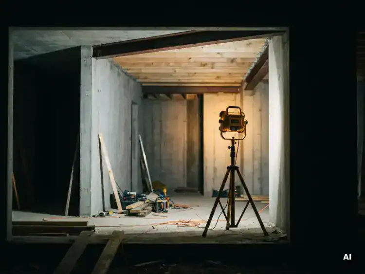 Bouwlamp op statief verlicht onafgewerkte ruimte met betonnen muren en blootliggende dakbalken, gereedschap verspreid op de vloer.