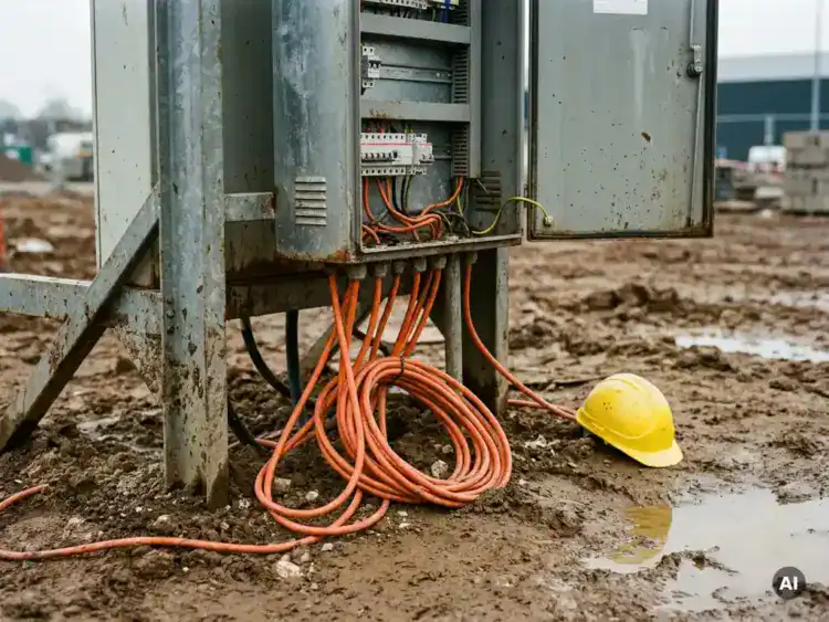 Elektrische verdeelkast op metalen standaard bij modderige bouwplaats, met dikke oranje stroomkabels en gele veiligheidshelm op de grond.