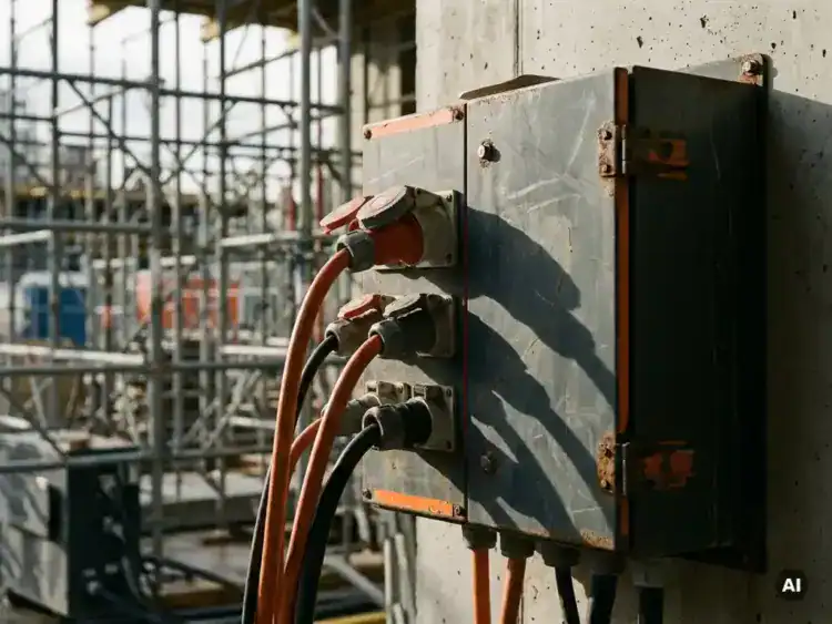 Industriële elektriciteitskast met oranje en zwarte kabels op betonnen muur van bouwplaats, dramatische zijverlichting en roestig metalen behuizing.