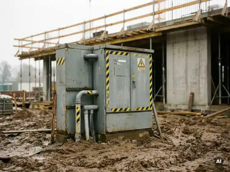 Elektrische verdeelkast met gele veiligheidswaarschuwingen op een modderige bouwplaats, met steigers en betonstructuur op de achtergrond.