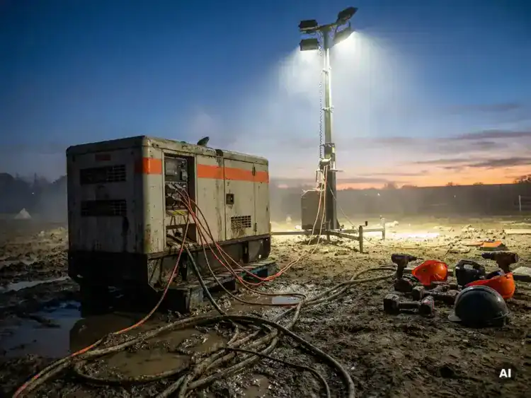 Zware stroomgenerator op modderige bouwplaats, verbonden via oranje kabels met verlichte floodlightmast in de schemering.