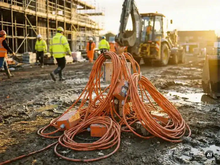 Oranje verlengsnoeren opgerold en aangesloten op een actieve bouwplaats, met arbeiders in veiligheidsvesten en steigers op de achtergrond.