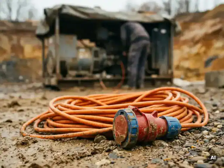 Oranje verlengkabel opgerold op modderige bouwplaats met CEE industriële stekker op de voorgrond en generator op de achtergrond.