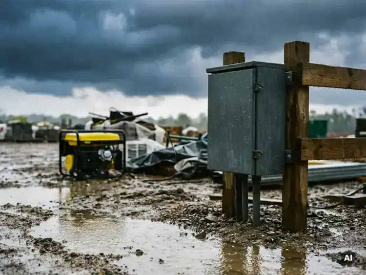 Weerbestendige grijze elektrakast op hekpaal van regenachtige bouwplaats, met gele generator op de achtergrond.