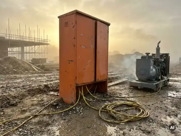 Oranje elektrische verdeelkast op modderige bouwplaats met gele stroomkabels en dieselgenerator in ochtendmist.