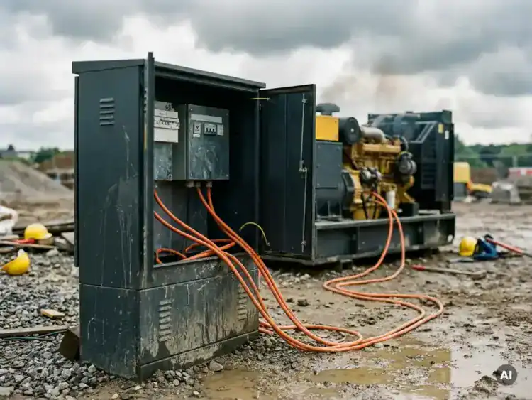 Openstaande stroomverdeelkast op bouwplaats, verbonden met dieselgenerator via dikke oranje kabels op modderige ondergrond.