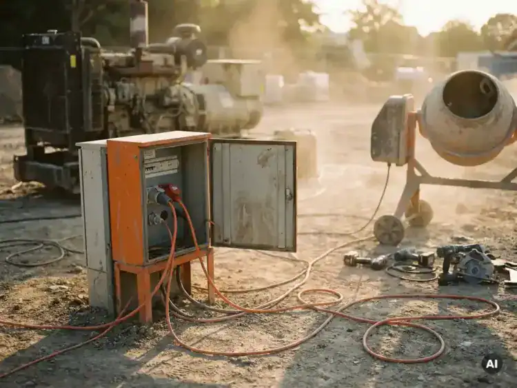 Openstaande elektrische verdeelkast op bouwplaats met betonmixer en gereedschap aangesloten via oranje kabels, dieselgenerator op achtergrond.