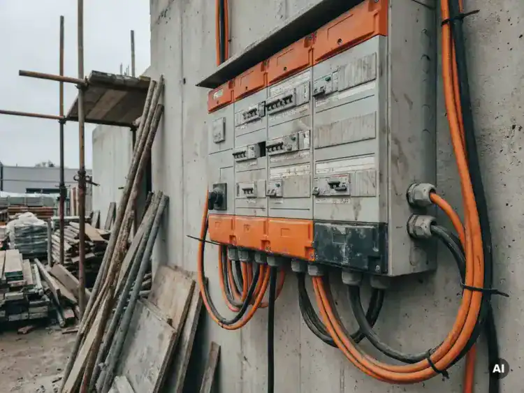 Industrieel verdeelkast met stroomonderbrekers en oranje en zwarte kabels op bouwplaats, betonnen muur en steigers op achtergrond.