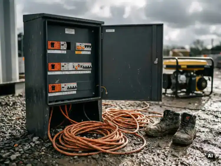 Bouwplaats verdeelkast met RCD-beveiliging, oranje stroomkabels en generator op de achtergrond.