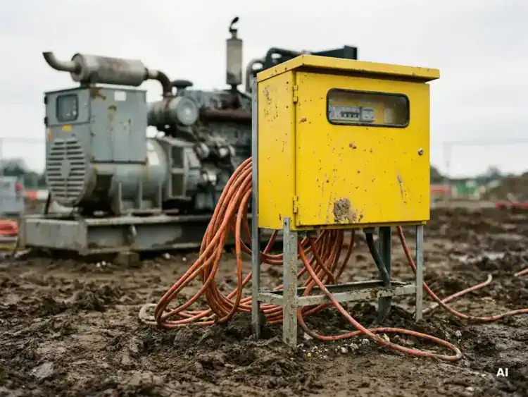 Gele industriële verdeelkast op modderige bouwplaats met oranje stroomkabels aan de voet, dieselgenerator op de achtergrond.