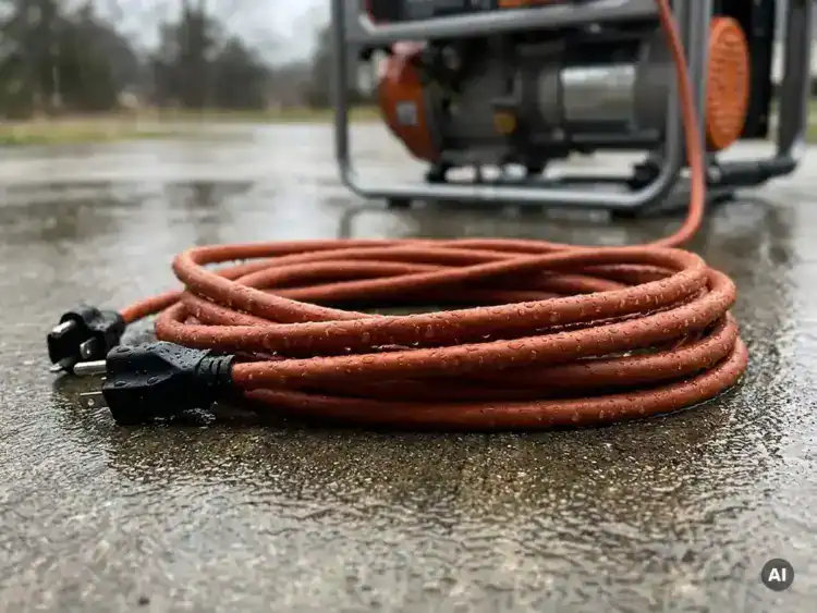 Oranje buitenverlengkabel opgerold op nat beton met waterdruppels, stroomgenerator op de achtergrond.