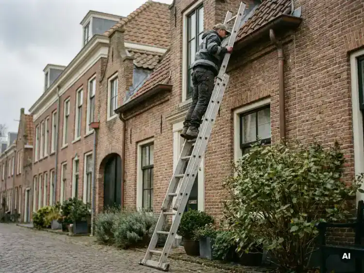 Dakdekker op aluminium telescopische ladder tegen verweerde bakstenen gevel van Nederlandse woning bij gootinspectie.