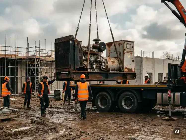 Dieselgenerator wordt van een vrachtwagen gelost op een modderige bouwplaats, met steigers en betonnen muren op de achtergrond.