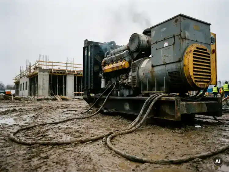 Dieselgenerator op modderige bouwplaats met dikke stroomkabels naar betonnen constructie, steigers en bewolkte lucht op achtergrond.