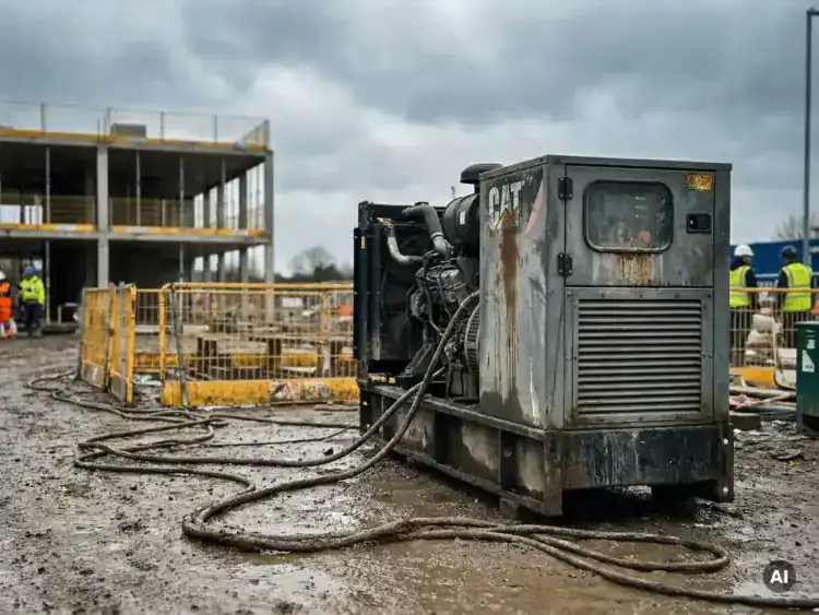 Dieselgenerator op actieve bouwplaats met gele veiligheidsbarrières, dikke stroomkabels op modderige grond en onafgewerkte betonstructuur op achtergrond.
