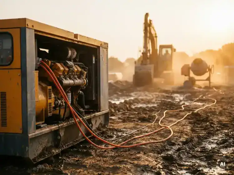 Dieselgenerator op modderige bouwplaats met oranje stroomkabels naar graafmachine en betonmixer in warme middaglichtsfeer.