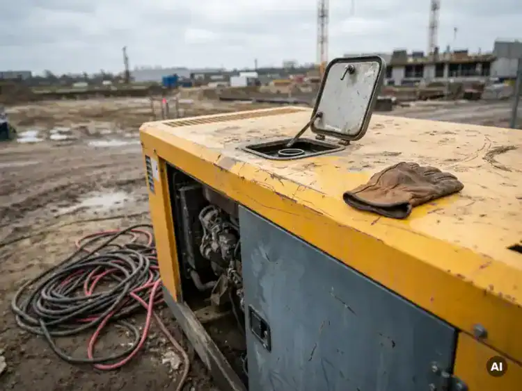 Dieselgenerator op modderige bouwplaats met open brandstofkap, dikke stroomkabels en een versleten werkhandschoen op de gele behuizing.
