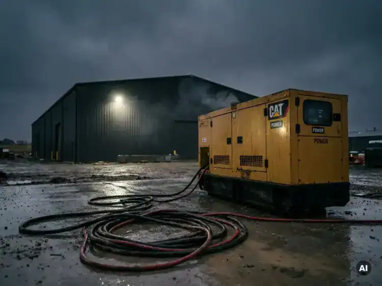 Gele dieselgenerator op regenachtig industrieel bouwterrein bij schemering, met dikke stroomkabels en een verlicht magazijn op de achtergrond.