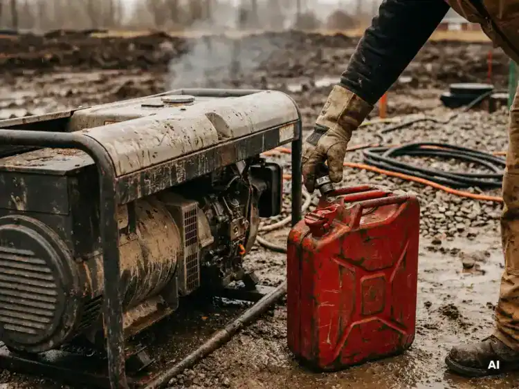 Dieselgenerator op modderige bouwplaats met rode jerrycan en gehandschoende hand op de brandstofklep.