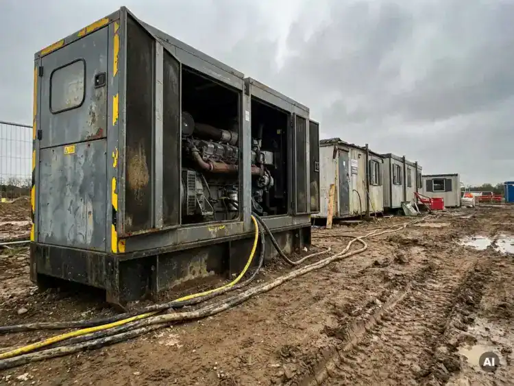 Zware dieselgenerator op modderig bouwterrein met verweerde kabels naar tijdelijke bouwketen, bewolkte industriële lucht op de achtergrond.