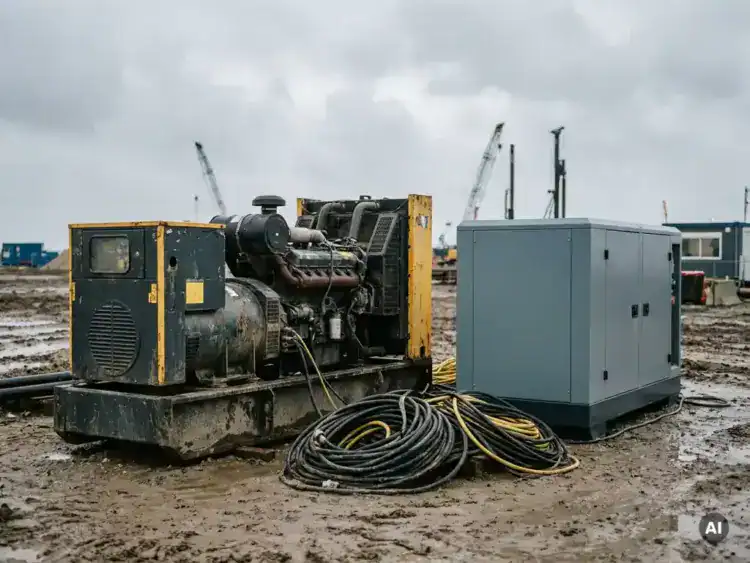 Dieselgenerator en elektrische stroomaggregaat naast elkaar op modderige bouwplaats in Zeeland onder bewolkte lucht.