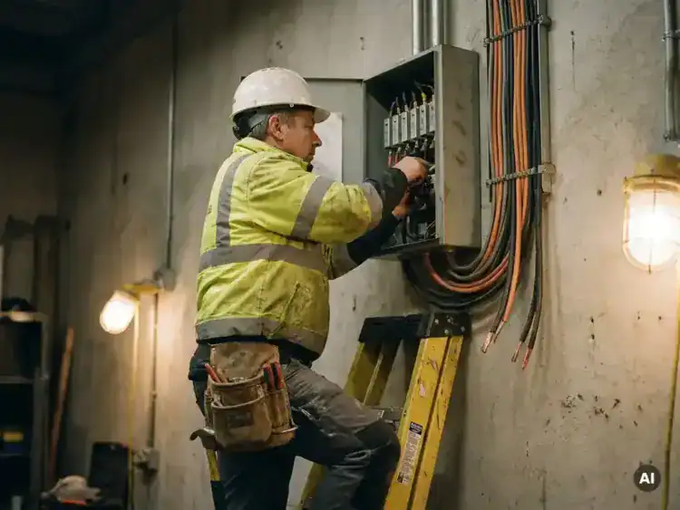 Elektricien op glasvezelladder die werkt aan een zekeringkast op industriële betonnen muur, koperen bedrading zichtbaar.