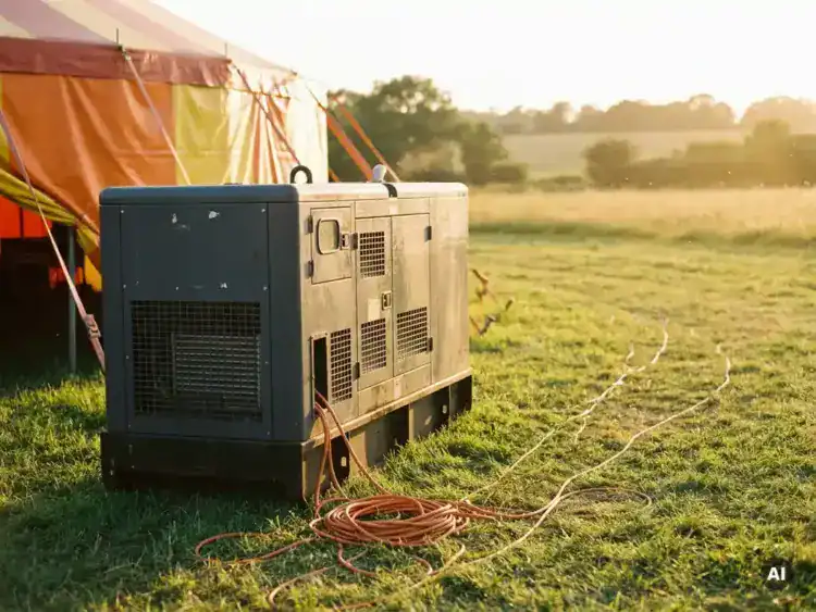 Industriële stroomgenerator op gras naast een evenemententent, met oranje verlengkabels en gouden middaglicht.