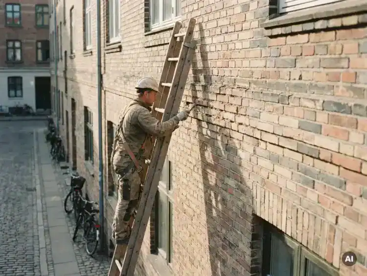 Metselaar op ladder inspecteert verweerde voegwerk van bakstenen gevel, kinderhoofdjes op straat, warme middagzon.