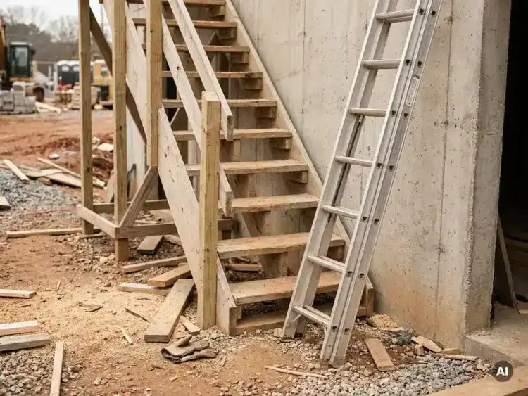 Houten trap en aluminium verlengladder tegen betonnen muur op bouwplaats, met zaagsel en werkhandschoenen op de grond.