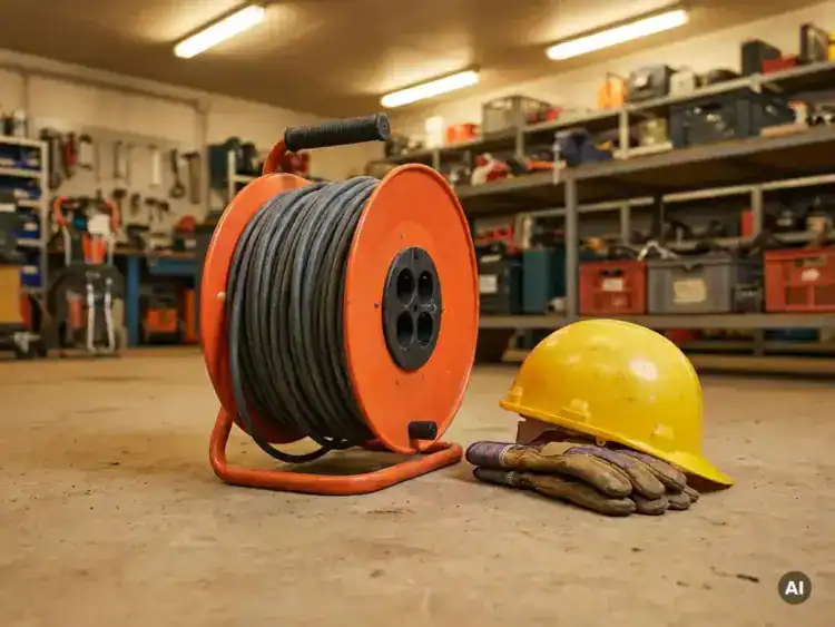 Oranje industriële kabelhaspel met zwart verlengnoer op betonvloer van verhuurdepot, gele bouwhelm en werkhandschoenen ernaast.