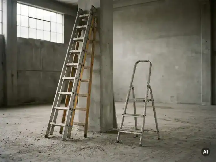 Dubbele ladder en compacte trapladder naast elkaar op betonnen bouwplaatsvloer, verlicht door natuurlijk daglicht.