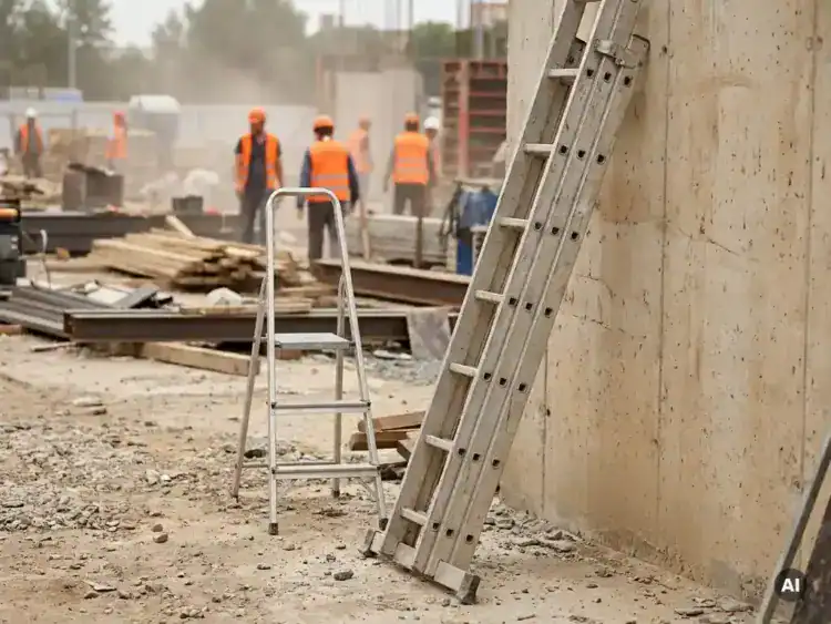 Aluminium verlengladder tegen betonnen bouwmuur, met open trapladder op stoffige grond en veiligheidshelmen op de achtergrond.