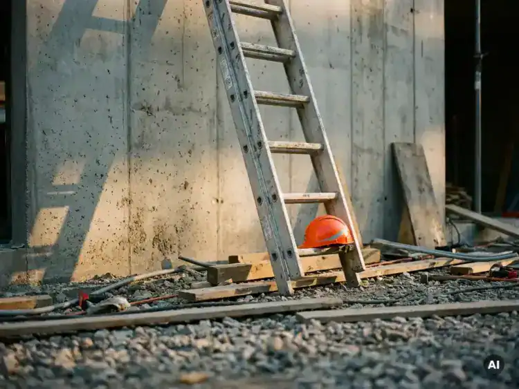 Aluminium verlengladder tegen betonnen bouwmuur, oranje veiligheidshelm op onderste sport, grind en houten planken op de grond.